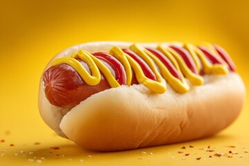 Juicy hot dog topped with bright yellow mustard and red ketchup, set against a vibrant yellow backdrop, ideal for a summer feast Generative AI