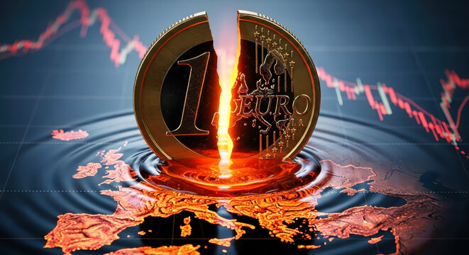 Eurokrise: Zerrissene Eurom&uuml;nze mit brennendem Spalt auf schmelzender Europakarte, symbolisiert wirtschaftlichen Abschwung und fallende Aktienkurse