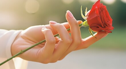 Hand holding a beautiful red rose in soft sunlight.