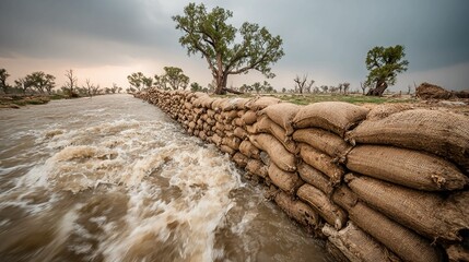 Sandbag walls used to block floodwaters during storms or high tides, perfect for emergency response, climate impact, and disaster relief