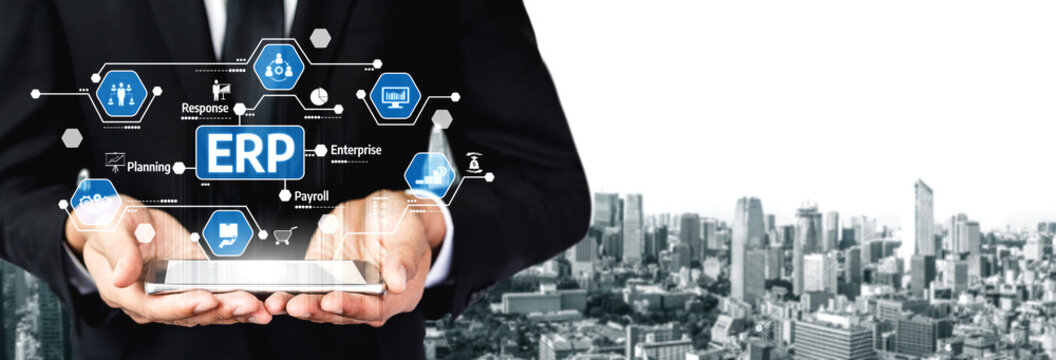A professional setting that highlights hands presenting a digital ERP concept with various business icons above an urban skyline, symbolizing modern enterprise solutions. Tessel - Powered by Adobe