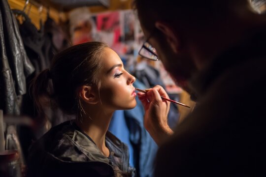 A makeup artist is applying makeup to a model backstage in a lively, creative setting prior to a fashion show, focusing on detail Generative AI