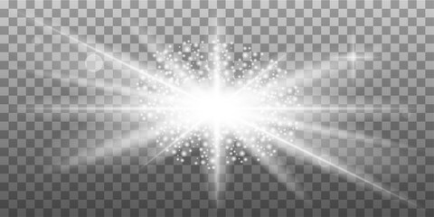 White glowing light burst explosion with transparent. Cool effect decoration with ray sparkles. Transparent shine gradient glitter, bright flare. Glare texture. EPS 10 vector file included