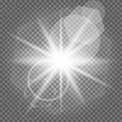 White glowing light burst explosion with transparent. Cool effect decoration with ray sparkles. Transparent shine gradient glitter, bright flare. Glare texture. EPS 10 vector file included