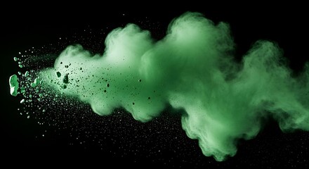 Green Smoke Cloud Bursting Against Black Background.