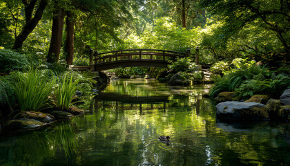 Fototapeta premium Wooden arched bridge spans tranquil pond surrounded by rich green trees, grass. Sunlight filters through leaves, creating peaceful,