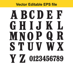 Western font, Alphabet letters and numbers in black on a white background,