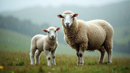 Naklejka premium Sheep and lamb standing in rainy field on cold misty day, showing climate stress on livestock for farming blogs, animal welfare content, or environmental reports