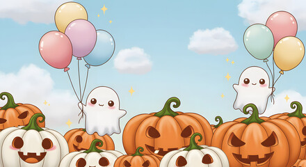 Fototapeta premium Whimsical Halloween Scene: Playful illustration featuring friendly ghosts, cheerful pumpkins, and colorful balloons set against a bright, inviting sky. Capturing the joy and magic of the season.