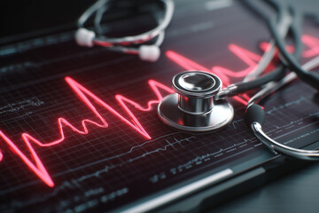Medical diagnostic tool displays a heart rhythm tracing with stethoscope in frame emphasizing health monitoring and cardiac assessment.