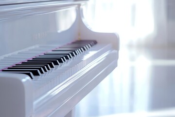 This stunning image showcases a white grand piano with striking black keys, illuminated by soft, ambient light, creating a serene and inviting atmosphere perfect for musical inspiration.