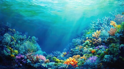 Naklejka premium A vibrant underwater scene filled with colorful coral reefs, showcasing marine biodiversity and the beauty of ocean life.