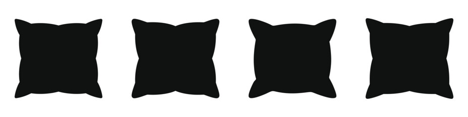 Black silhouette icons of square decorative pillows with corner tassels, cozy cushion designs for home decor, living room, bedroom, and interior styling in simple flat vector style