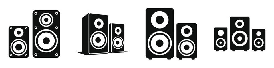 Black silhouette icons of stereo speakers and subwoofers in pairs and sets, audio sound system components for music, home theater, and entertainment technology illustrations © Parvez