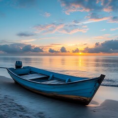 Naklejka premium Colorful fishing boat resting peacefully by calm sea high resolution picture