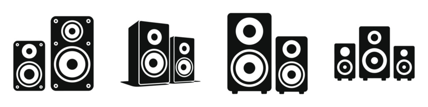 Black silhouette icons of stereo speakers and subwoofers in pairs and sets, audio sound system components for music, home theater, and entertainment technology illustrations