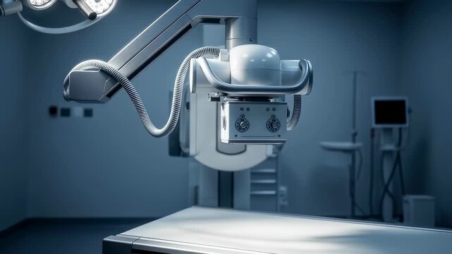 X-ray machine overhead unit moving in a medical laboratory for diagnostic imaging footage.