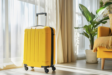 Bright Yellow Suitcase Ready for Travel in Sunny Interior.