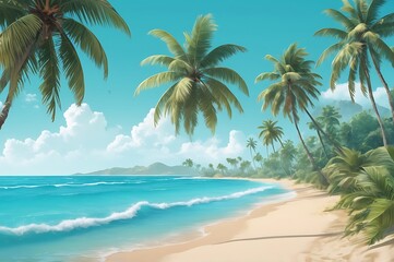 Obraz premium Tropical paradise beach with palm trees and turquoise ocean waves