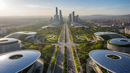 Aerial view of a futuristic city with modern architecture and green spaces