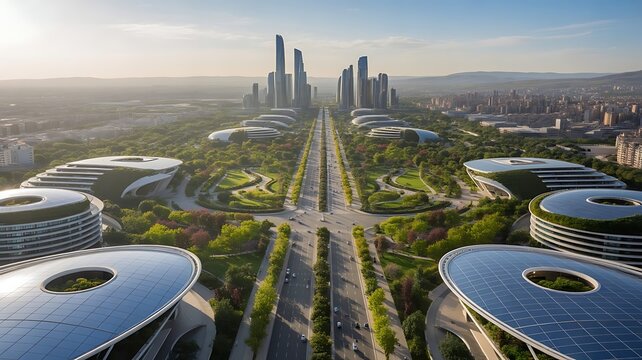 Aerial view of a futuristic city with modern architecture and green spaces