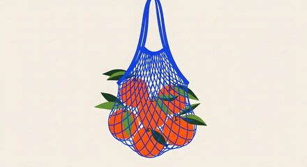 Minimalist graphic illustration of a reusable blue net bag carrying fresh, leafy oranges.