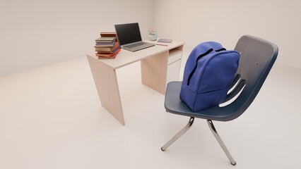 Fototapeta premium Blue school chair with backpack beside desk in classroom scene