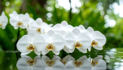Obraz premium A tranquil scene showcasing clusters of pristine white orchids gently resting on a surface with reflective water, complemented by a blurred background of lush greenery.