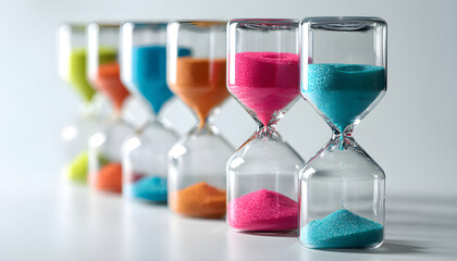 Fototapeta premium Multiple colorful hourglasses symbolize time management productivity and deadlines. Sand flows through glass, representing efficiency, planning, and urgency in a contemporary, minimalist design