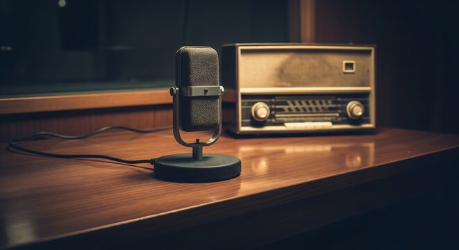 Vintage and Moody with an Old Microphone on a Silent Radio Desk
