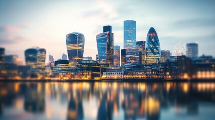 Naklejka premium Vibrant London City Skyline at Twilight with Iconic Skyscrapers and Golden River Reflections, Tilt-Shift Effect