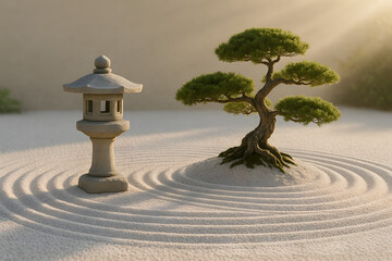 Jardin zen minimaliste avec bonsa&iuml; et lanterne japonaise