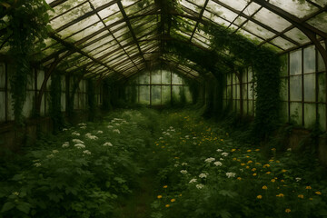 Serre abandonn&eacute;e envahie par la v&eacute;g&eacute;tation