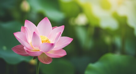 Fototapeta premium Elegant pink lotus blossom radiating tranquility and symbolic grace in a blurred greenery atmosphere
