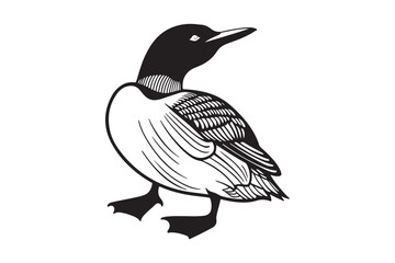 Black and white illustration of a loon standing