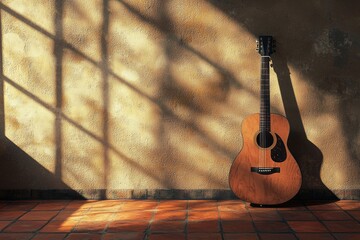 A beautifully crafted acoustic guitar stands against an earthy wall, bathed in soft natural light, symbolizing creativity, musical passion, and the art of guitar playing.
