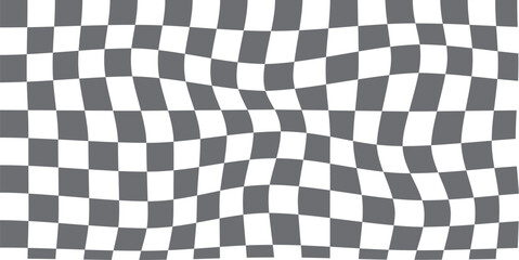 black and white wavy checkerboard background. Retro psychedelic checkered wallpaper. Wavy groovy chessboard surface. Distorted geometric pattern. Trendy modern. EPS10