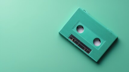 Fototapeta premium A retro green cassette tape rests on a bright mint background, evoking nostalgia for music lovers and a vintage aesthetic for collectors and retro design enthusiasts.