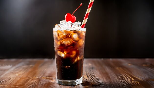 tall glass of dirty soda with swirls of cream blending into a dark cola base topped with crushed ice and a maraschino cherry served with a striped straw