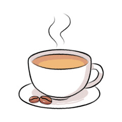 Cartoon illustration of a coffee cup with hot drink on saucer isolated on white background