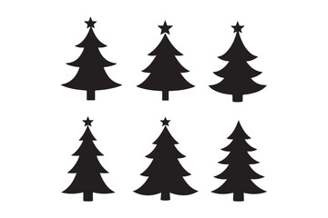 Six stylized black christmas tree silhouettes with stars