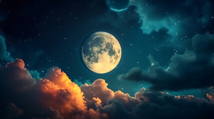 Majestic moon surrounded by rainbow halo in starry night high resolution picture