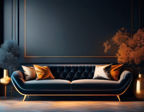 living room interior sofa living couch dark bulo design wall decorating ai generated