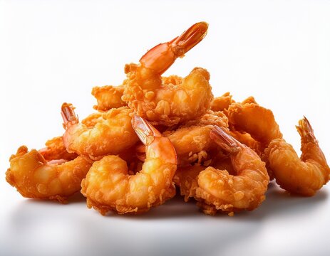 a delicious pile of fried shrimp on a clean white background