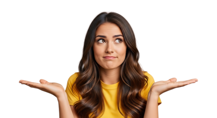 A thoughtful woman with outstretched hands, isolated on transparent background, expresses uncertainty contemplation