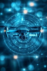 Drone with Camera in Futuristic Network Background