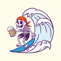 Skeleton Pirate Illustration &ndash; Cool Skull Character Surfing a Wave While Holding a Beer, Fun Beach and Pirate Vector for Summer, Extreme Sports, and Edgy Designs