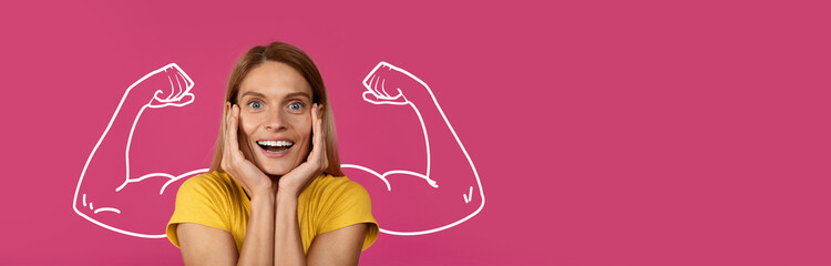 A joyful moment captures a woman with a radiant smile, highlighting her excitement and strength. A colorful background complements her positive energy, reflecting empowerment and resilience.