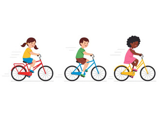 Happy Diverse Children Riding Colorful Bicycles Together Vector Illustration