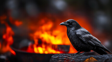 Fototapeta premium A raven sits on log against background of burning fire, copy space with Halloween concept, an idea for poster with horror atmosphere is perfect for All Hallows' Day and gothic horror concepts